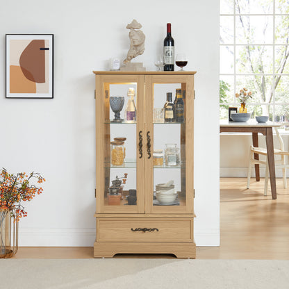 Light colored glass cabinet with adjustable glass frame, including cabinet light bulbs OAK with 2 doors and 1 drawer