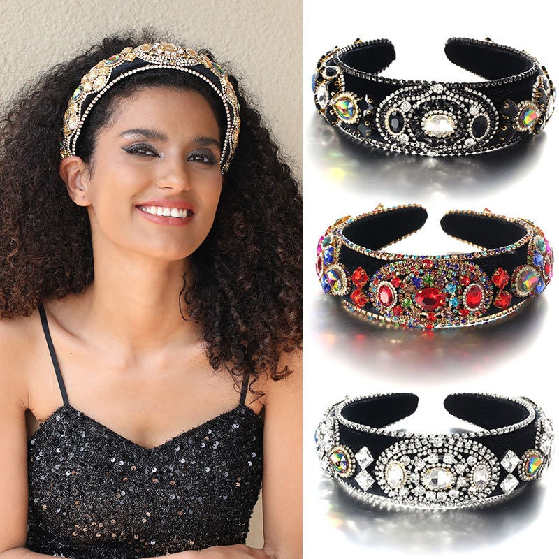 Fashionable Baroque Retro Inlaid Colored Water Diamond Sponge Head Hoop
