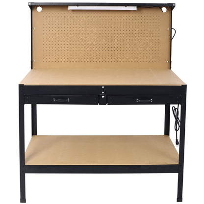 Steel Workbench Tool Storage Work Bench Workshop Tools Table W/Drawer and Peg Board ,4xAC outlets 2xUSB Ports