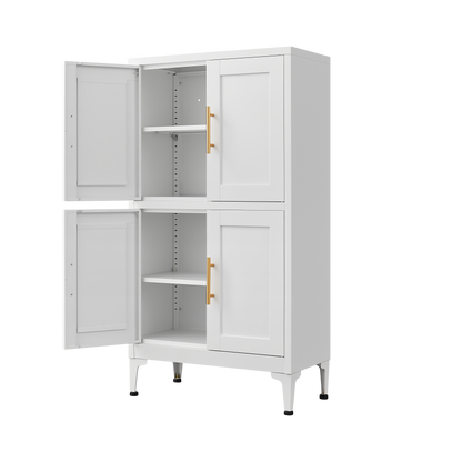 White metal kitchen storage cabinet, kitchen pantry storage cabinet with door and shelf, adjustable leveling feet