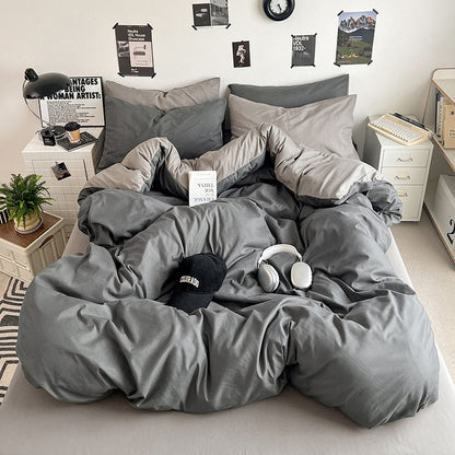 Washed Cotton Solid Color Double Spliced Four-Piece Bedding Set - Sheet, Quilt Cover, Pillowcases for Employee and Dormitory Use