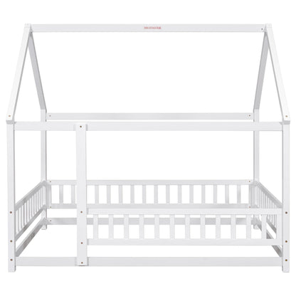Full Size Floor Wooden Bed with House Roof Frame, Fence Guardrails ,White