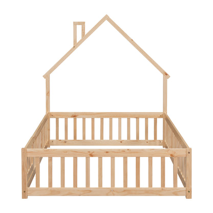 Full House-Shaped Headboard Floor Bed with Fence Natural