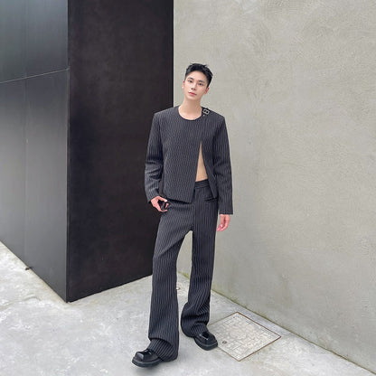 Bootcut Casual Autumn Striped O-neck Short Suit