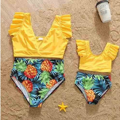 Parent-child Swimsuit Mother-daughter Suit Solid Color V-neck One-piece