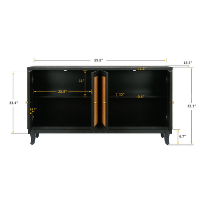 Handcrafted Premium Grain Panels Rattan Sideboard Buffer Cabinet Accent Storage Cabinet With 4 Rattan Doors BLACK