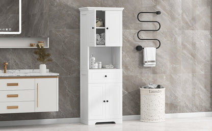 Tall Bathroom Cabinet with Four Doors, Large Storage Space Open Shelve, Upper Storage Cabinet, Whit