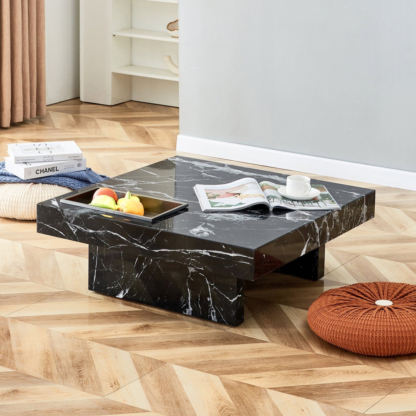 A modern and practical coffee table made of MDF material with black patterns