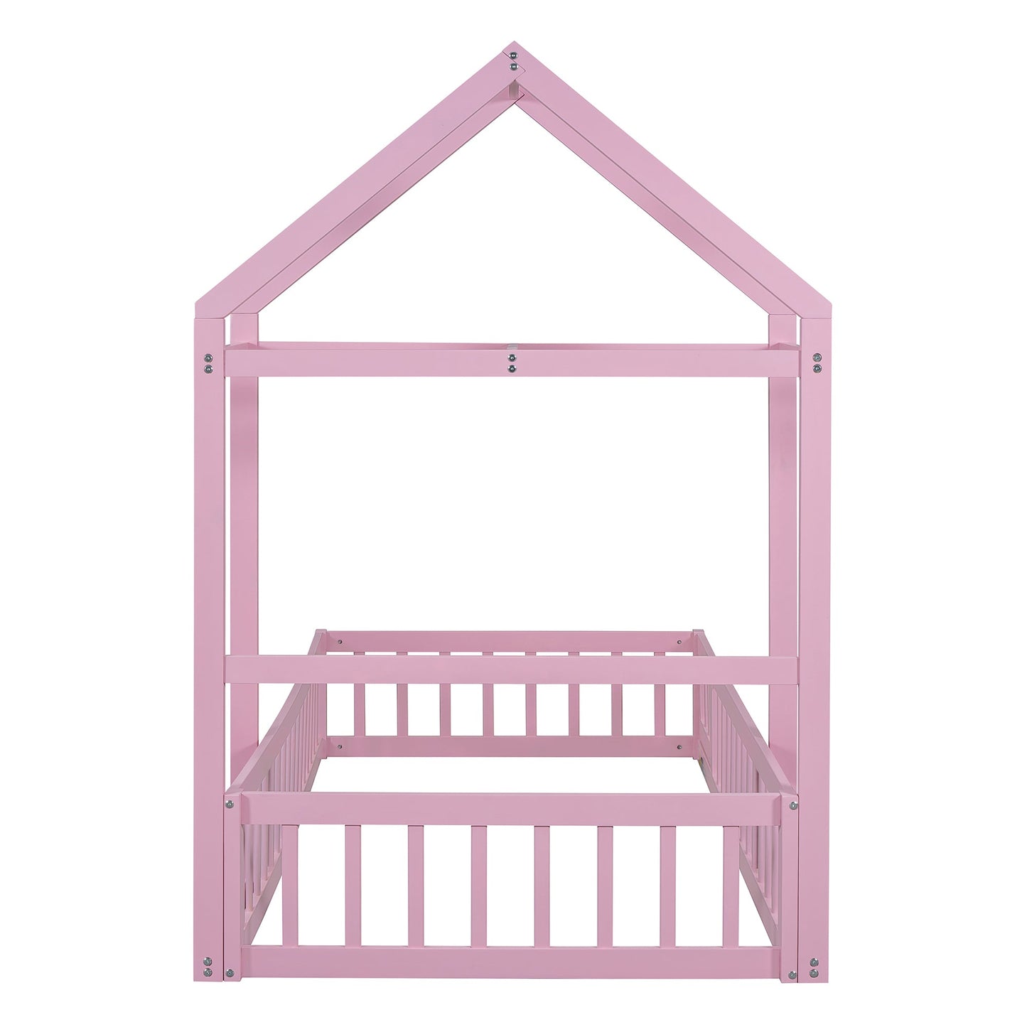 Wooden Twin Size Children's Bed with Detachable Headboard and Integrated Clothes Drying Rack, Pink