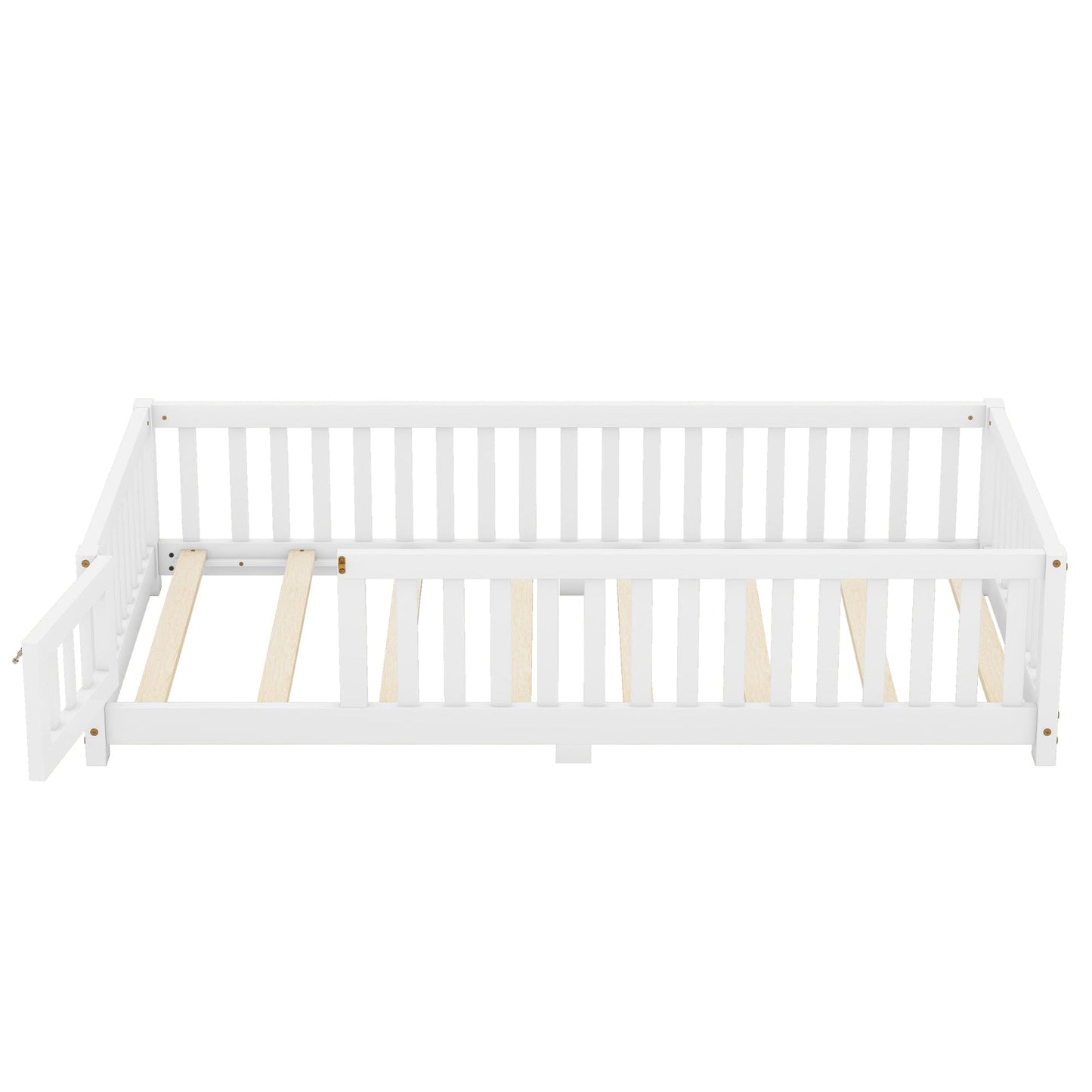 Twin Size Bed Floor Bed with Safety Guardrails and Door for Kids, White