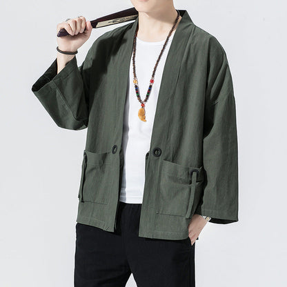 Chinese Style Cotton And Linen Cropped Sleeve Cardigan Baggy Coat Sun Protection Clothing