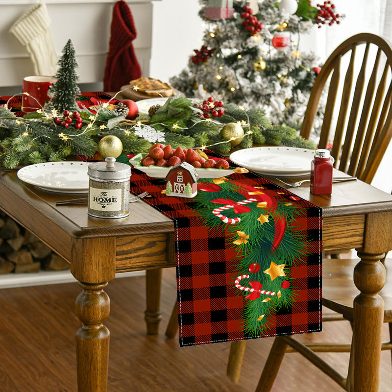 New Christmas table flag white linen bell printed tablecloth red and black checkered home decoration tablecloth pad