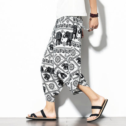 Printed Baggy Cotton Linen Cropped Pants