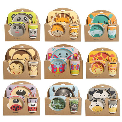 5pcs/set Children Baby Bamboo Fiber Tableware Baby Tableware Set Cartoon Animal Tableware Aet