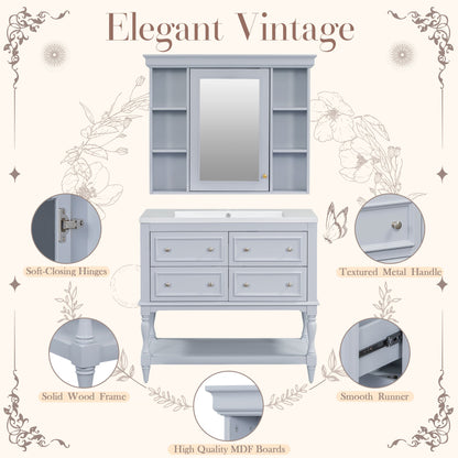 36'' Bathroom Vanity with Medicine Cabinet, Modern Mirror Cabinet with Adjustable Shelf, Bathroom Storage Cabinet with 4 Drawers