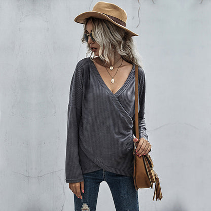 Waffle-Knit Surplice Long Sleeve Top