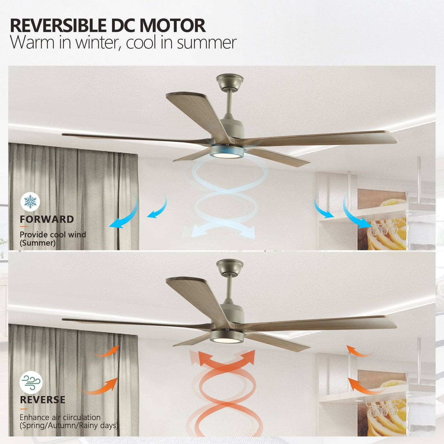 60 "modern wooden ceiling fan with lighting and remote control, 6-speed noiseless reversible DC motor ceiling fan