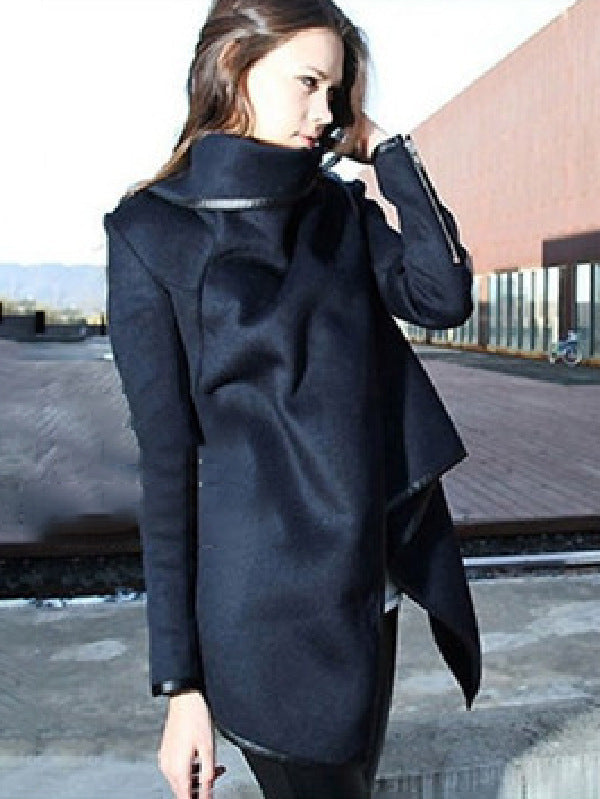 Lapel Woven Asymmetric Split Turtleneck Wool Overcoat