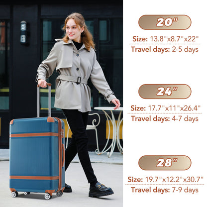 Hardshell Luggage Sets 3 Piece double spinner 8 wheels Suitcase with TSA Lock Lightweight 20''24''28''Blue + ABS