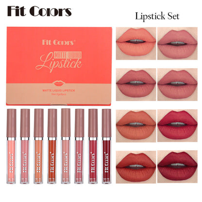 Fit Colors Matte Non-Stick Cup Lip Gloss Not Easy To Fade Matte Liquid Thin Tube Lipstick 8 Color Set Box