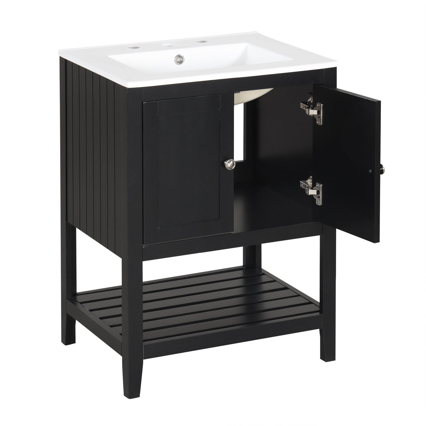 24" Black Modern Sleek Bathroom Vanity Elegant Ceramic Sink with Solid Wood Frame Open Style Shelf