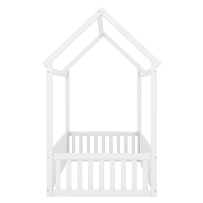 Twin Size Wood House Bed with Fence and Door, White