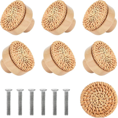 Vine woven circular cake wooden handle cabinet door rattan woven wooden handle single hole raw wood color handle