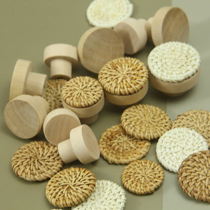 Vine woven circular cake wooden handle cabinet door rattan woven wooden handle single hole raw wood color handle