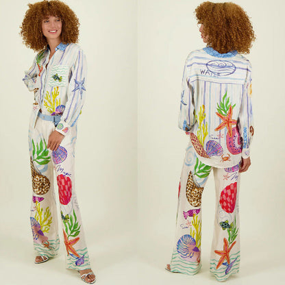 Satin Printed Graffiti Casual Shirt and Trousers Set