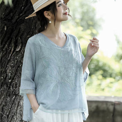 Machine Embroidery Cotton And Linen Shirt For Women