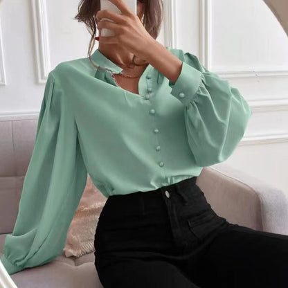 Solid Color Round Neck Long Sleeve Women's Shirt for Commute Style