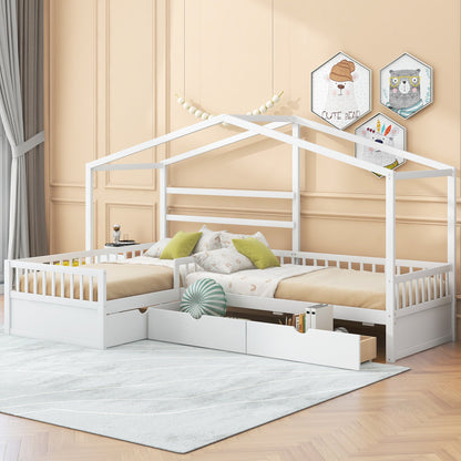 Twin Size House Platform Bed with Three Storage Drawers White