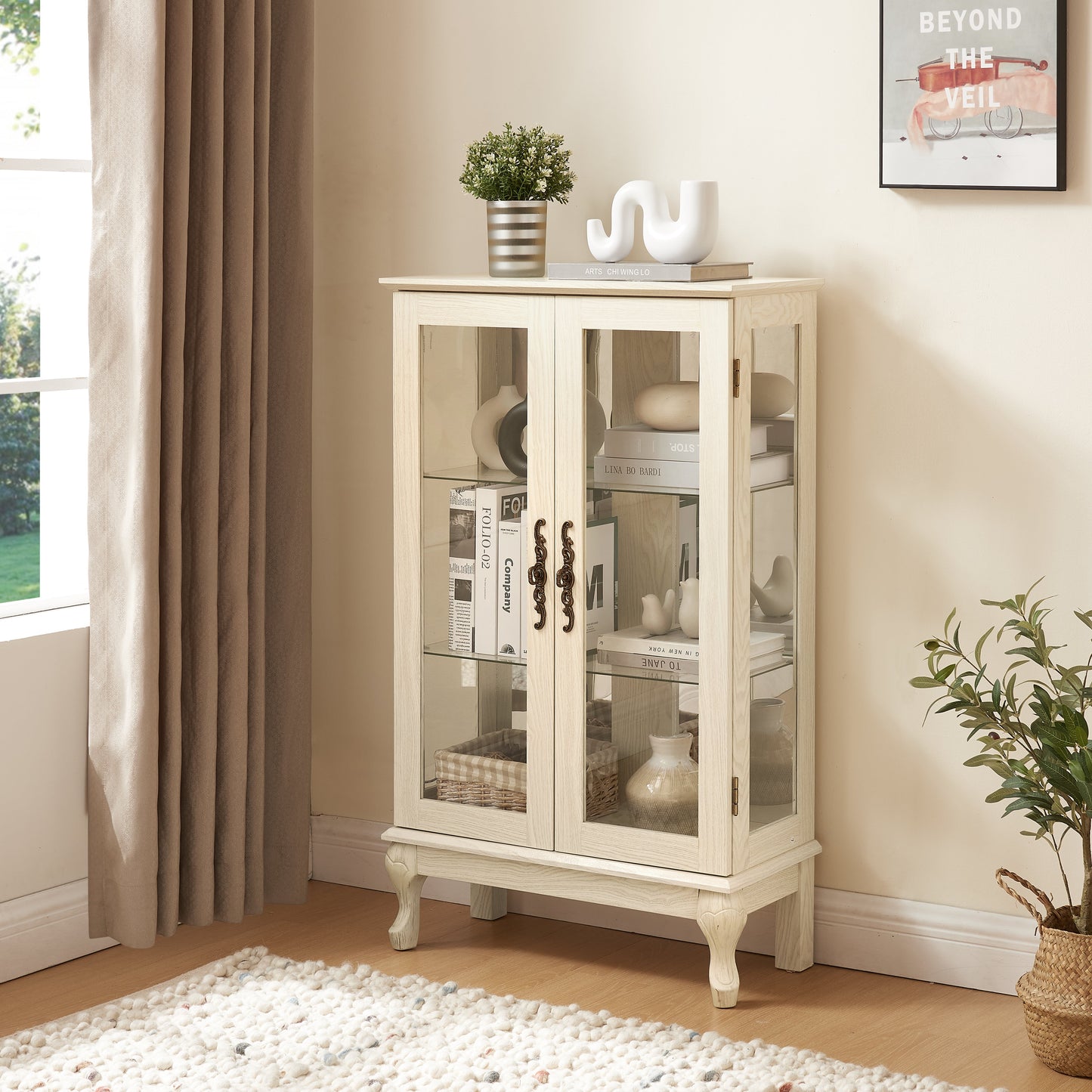 Dual door Curio cabinet with tempered glass door mirror back panel and adjustable shelf display cabinet with light bulbs, white