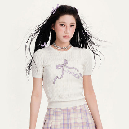 Bow Embroidered Hollow-Out Short Sweater