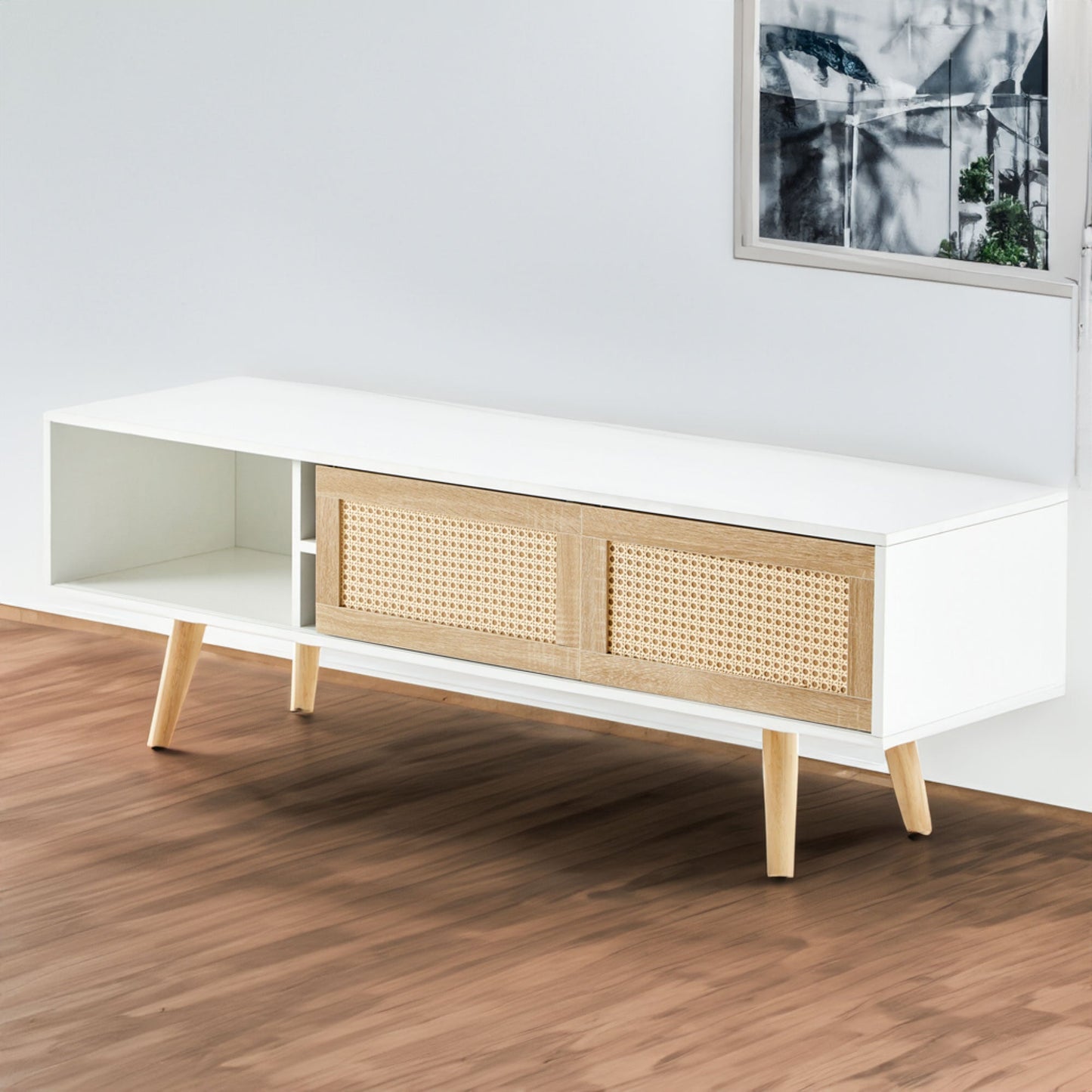 55.12" Rattan TV cabinet double sliding doors for storage adjustable shelf solid wood legs TV console for living room  White