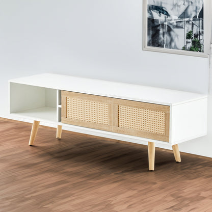 55.12" Rattan TV cabinet double sliding doors for storage adjustable shelf solid wood legs TV console for living room  White