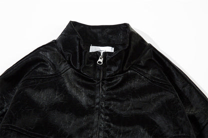 Men's Split Splicing Solid Color Loose Standing Collar Leather Jacket