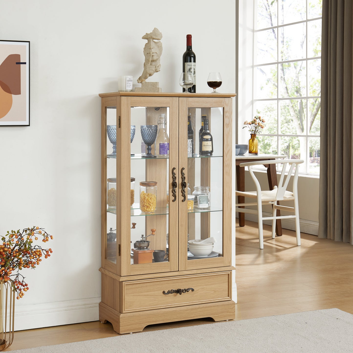Light colored glass cabinet with adjustable glass frame, including cabinet light bulbs OAK with 2 doors and 1 drawer