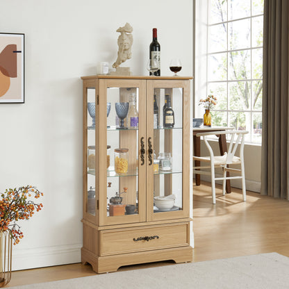 Light colored glass cabinet with adjustable glass frame, including cabinet light bulbs OAK with 2 doors and 1 drawer