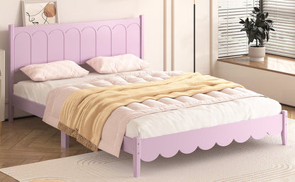 Queen Size Wood Platform Bed Frame, Retro Style Bed with Rectangular Headboard,No Need Box Spring,Pink