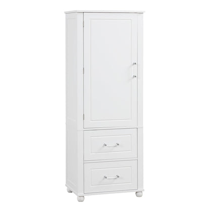 Tall bathroom storage cabinet with two drawers and adjustable shelves for independent storage
