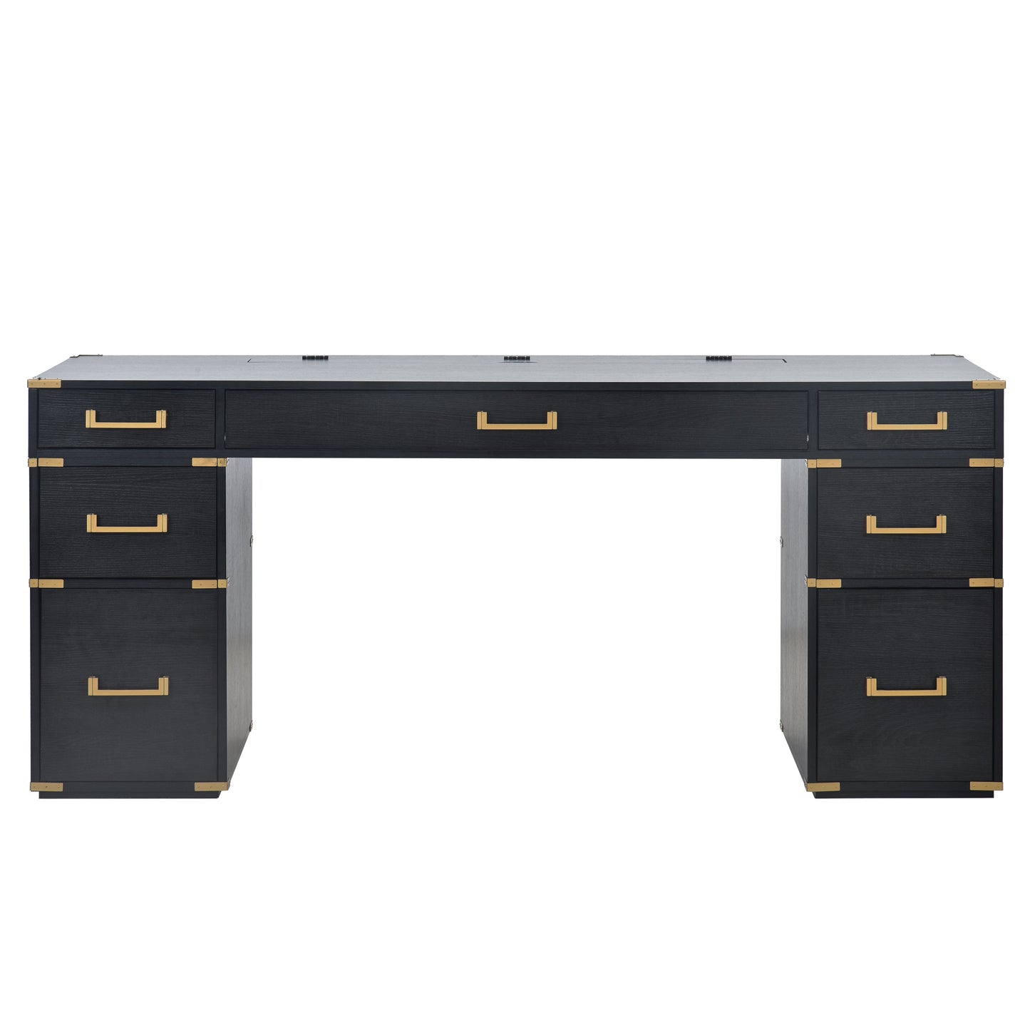 70 inch classic and traditional executive desk with metal trim, writing desk with 2 file drawers, USB ports, and sockets, black