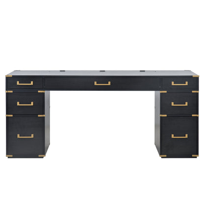70 inch classic and traditional executive desk with metal trim, writing desk with 2 file drawers, USB ports, and sockets, black