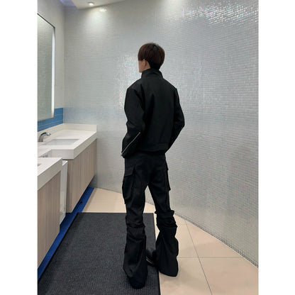 Large Pocket Pleated Black Cargo Pants Men