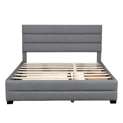 Queen Upholstered Platform Bed with Twin Size Trundle and Two Drawers Grey