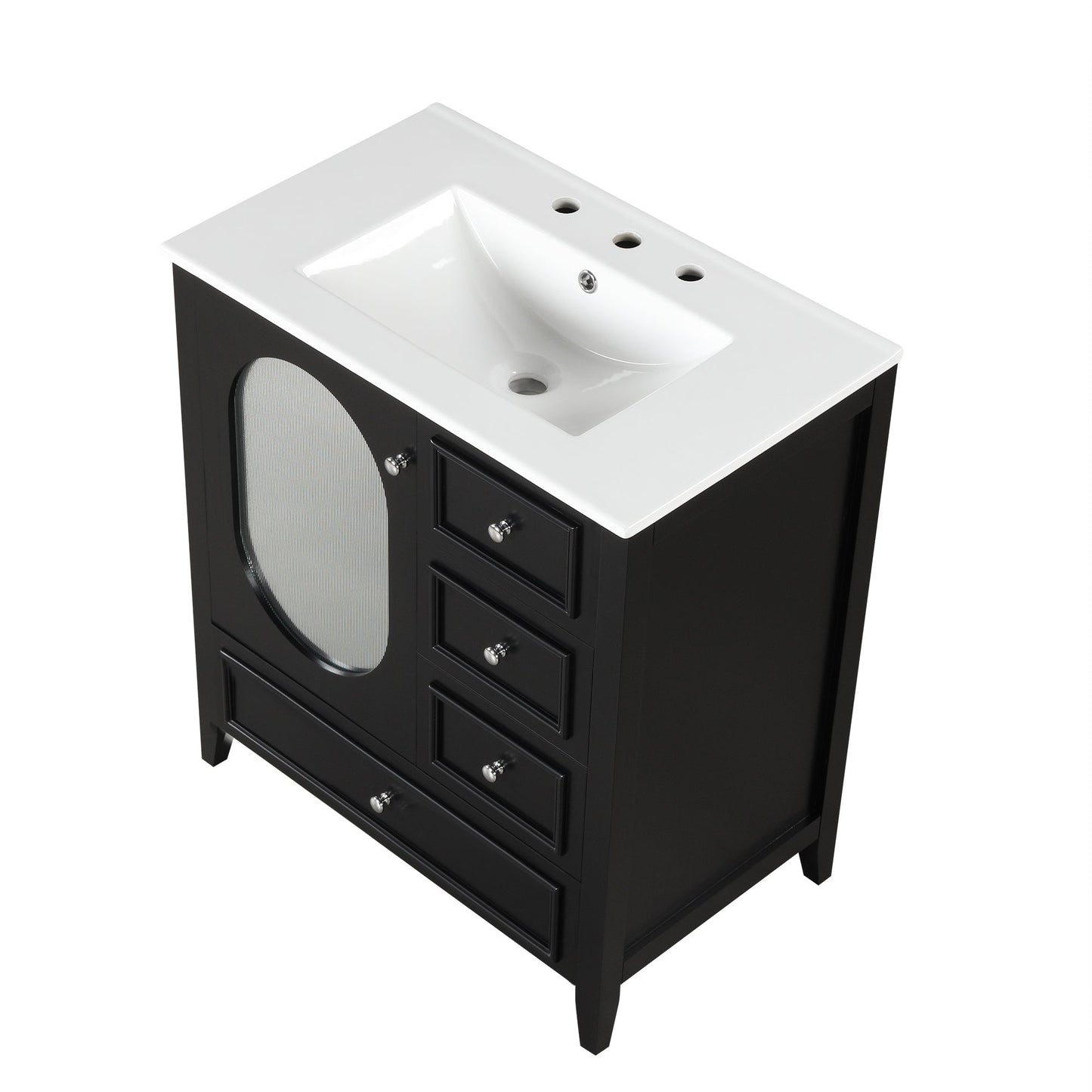 30" Bathroom Vanity with Sink, Bathroom Vanity Cabinet with Three Drawers and Door, Solid Wood and MDF, Black