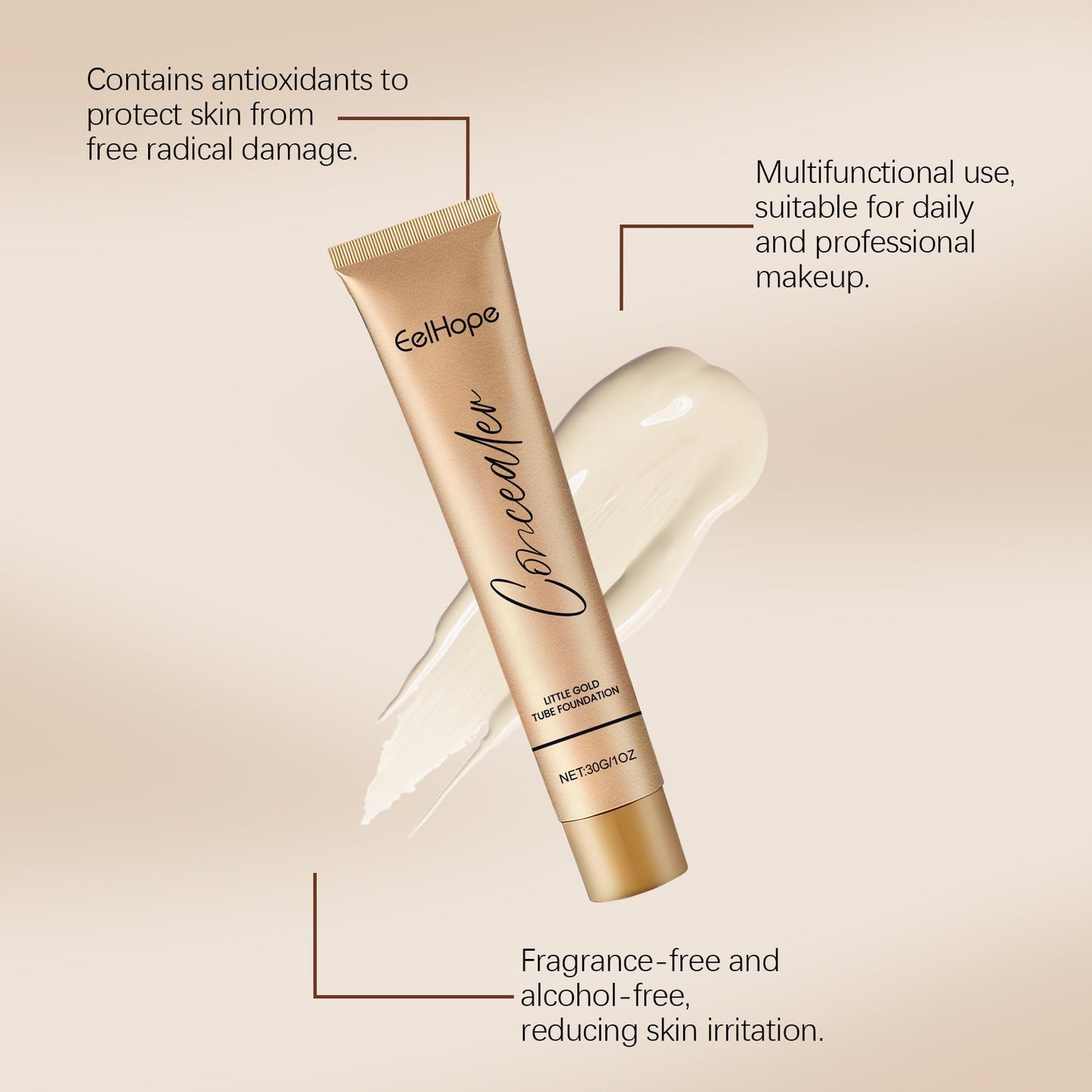 Small Gold Tube Foundation Concealer, Natural Lightweight Skin Concealer Not Easy To Remove Makeup Moisturizing Liquid Foundation