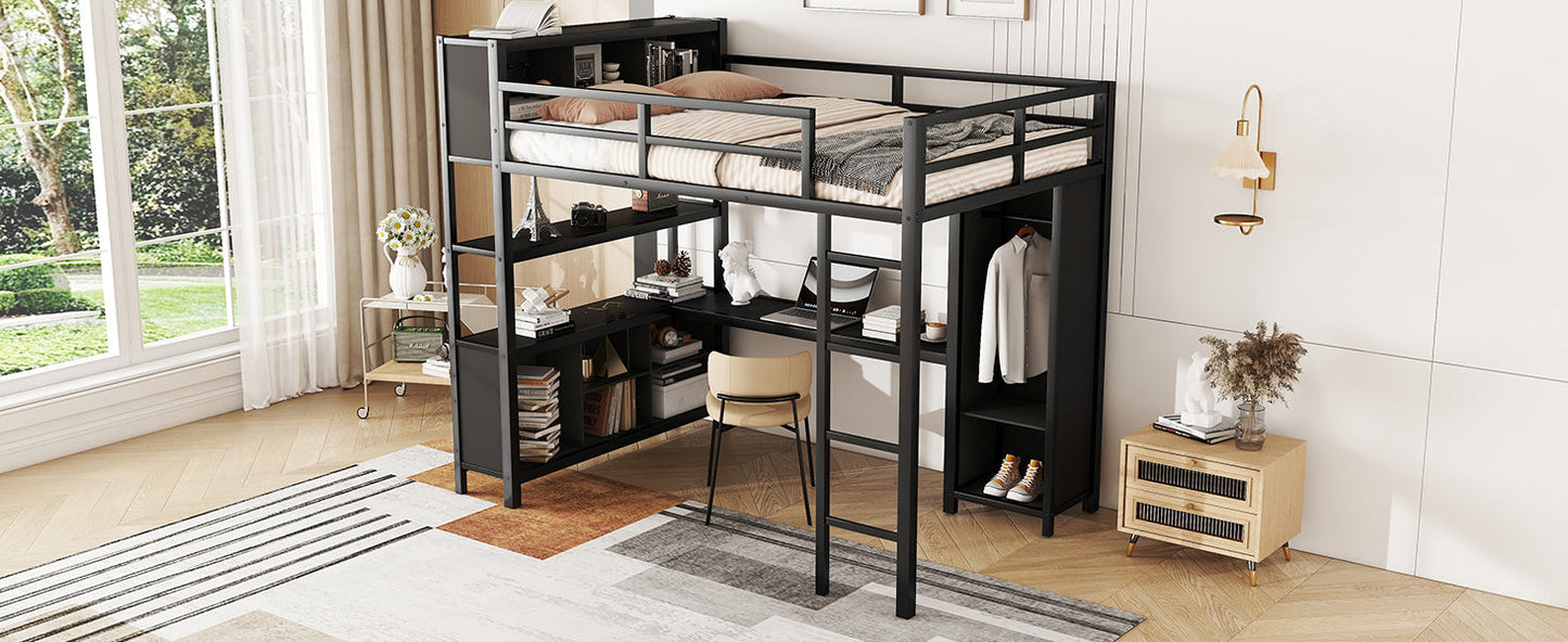 Metal loft bed with wardrobe and L-shaped desk, full-size loft bed with storage cabinet and shelf, heavy-duty loft bed, black