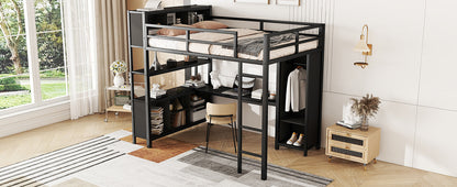 Metal loft bed with wardrobe and L-shaped desk, full-size loft bed with storage cabinet and shelf, heavy-duty loft bed, black