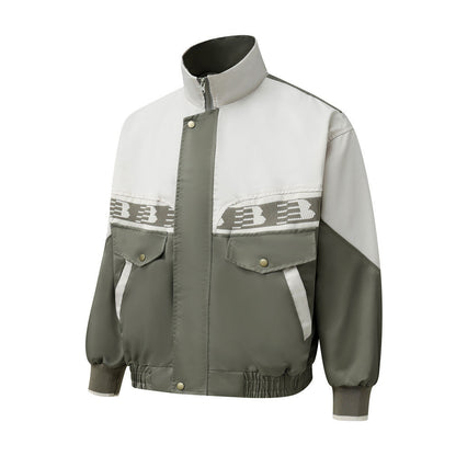 European And American Color Contrast Patchwork Workwear Stand-up Collar Jacket